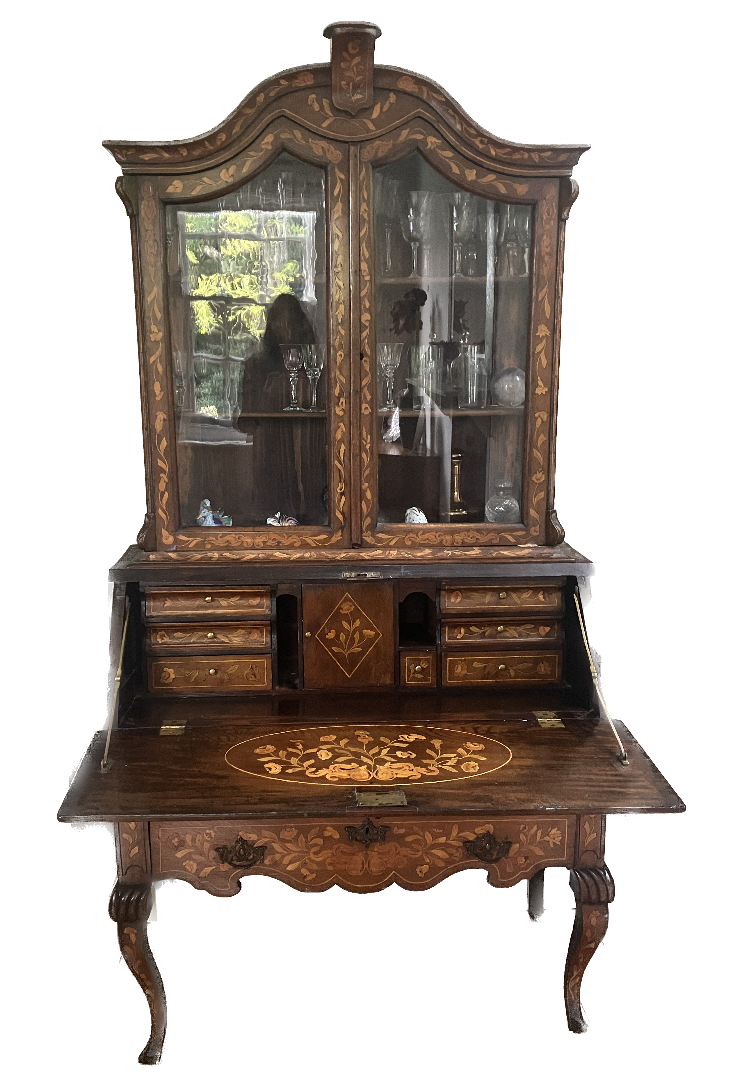 An early 19th century and later Dutch oak and walnut floral marquetry inlaid bureau bookcase, width 98cm, depth 48cm, height 192cm